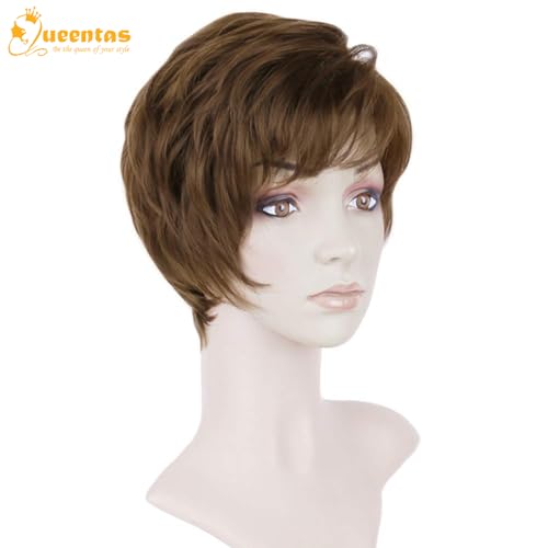 Image of 8 inch Layered Curl Synthetic Pixie Cut Wig for Women with Bangs Chestnut Brown