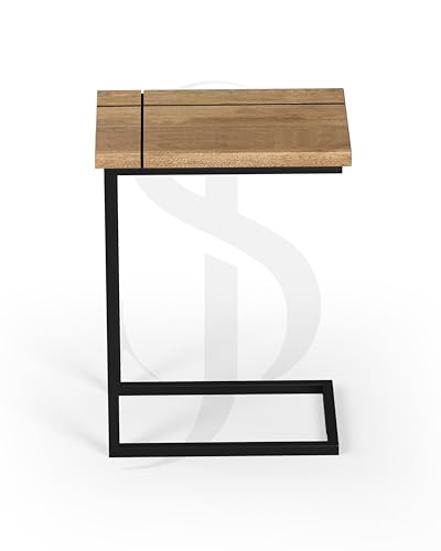 Image of Modern C-Side End Table for Living Room - Mango Wood with Black Metal Frame, Contemporary Sofa Side Table for Bedroom & Office (18L x 11D x 24H Inches) (Natural)