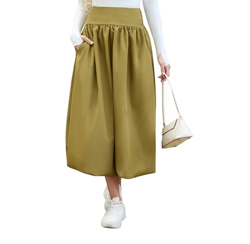 Women's Bubble Long Skirt Elastic Waist A-Line Pleated Ruffle Flowy Balloon Maxi Skirts with Pockets
