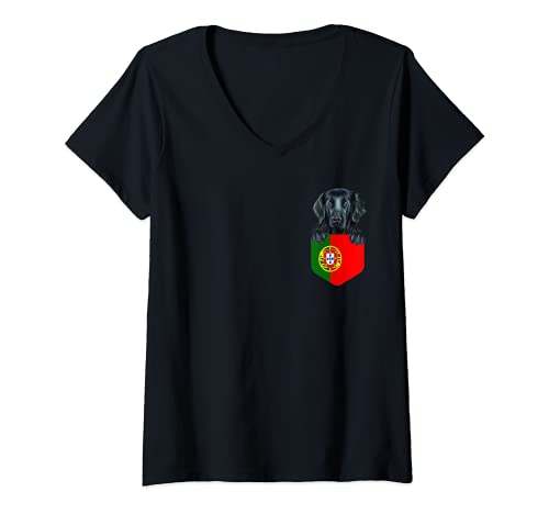 Womens Portugal Flag Flat-Coated Retriever Dog In Pocket V-Neck T-Shirt, Black