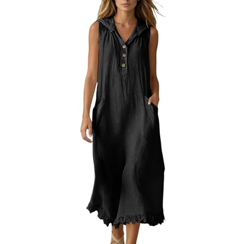 Robe d'été pour femme anti-chaleur en lin fluide sans manches avec poches