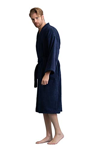 Soft Touch Linen Men's Robe, Turkish Terry Bathrobe, Turkish Terry Kimono Spa Bathrobe (XX-Large, Navy-Custom)2