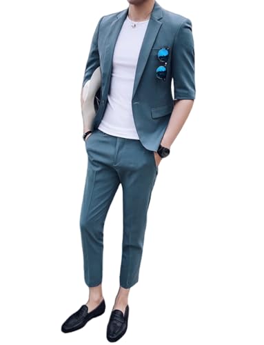 Ulnomio Men's Half Sleeves Suit Set Two Pieces Notch Lapel One Button Elbow Sleeve Jacket and Pants Role Play Daily