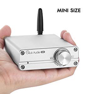 A hand holding the compact Douk Audio G5 amplifier, illustrating its mini size.