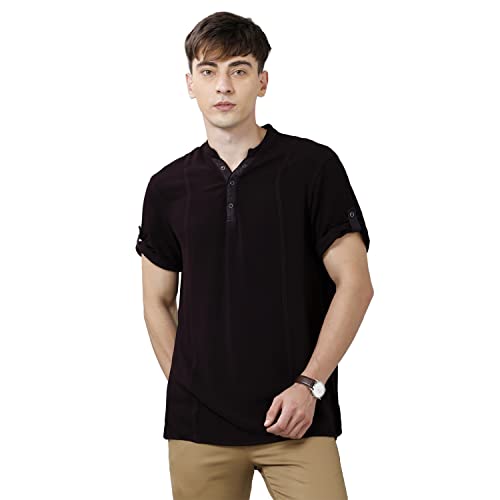 Image of Identiti Men's Cotton Solid Full Sleeve Slim Fit Shirt with Mandarin Collar