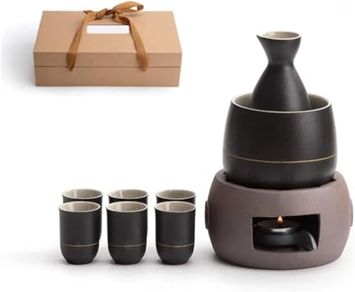 Sake Set with Warmer, Traditional Pottery Hot Saki Set 7-Piece Including 1pc Candle Stove, 1pc Warming Mug, 1pc Sake Pot and 4pcs Sake Cups (A 9pcs)