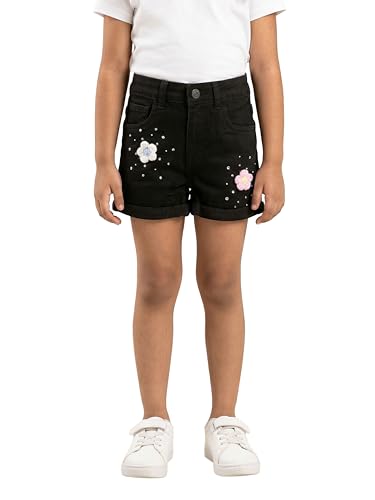Image of KiddoPanti Girls Tight Length Rollup Denim Shorts with Lavender and Pink 3D Crochet Flowers