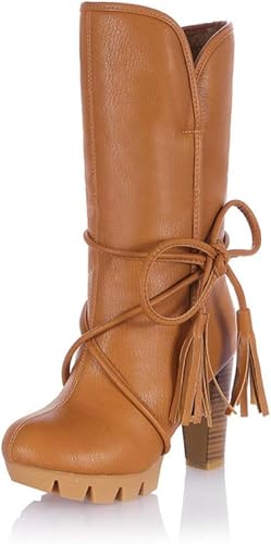 Women's Knee Square High Heels Round Toe Skate Boots PU Leather Plush Lining Shoes2