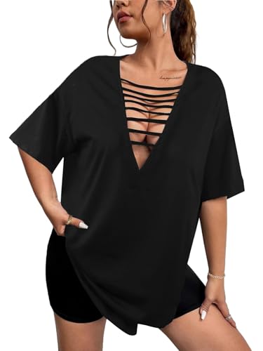 Remidoo Womens Oversized Tshirt Tie Dye Shirt Sexy Cut Out Top Short Sleeve V Neck Tee