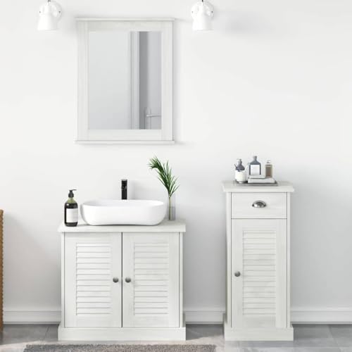 IKAYAA Conjunto Muebles de Baño con Lavabo y Espejo, Columna de Baño de 3 Piezas Estilo Rústico Blanco Antiguo