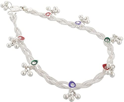 Image of Indian Traditional White Metal Anklets Payal Pair for Women Girls with Attached Ghungroo - Fashion Designer Barefoot Foot Imitation Jewellery