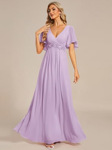 Image of Ever-Pretty Womens V Neck Applique Mother of the Bride Dresses Formal Dress | Chiffon, Short Sleeves, Ruched, A-Line, Bridesmaid Dresses, Formal Gown, Black Tie Dress