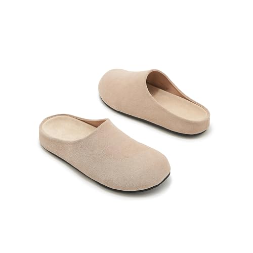 Image of Women's Suede Clogs Round Toe Print Leather Mules Cork Footbed Clog with Arch Support Comfort Casual Slip-on Fall Shoes