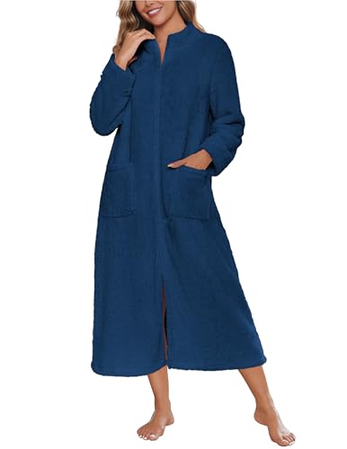 Image of Ekouaer Women Zipper Robe Fleece Long Sleeves Bathrobe Sleepwear Warm Soft Housecoat with Pockets Zip Up House Dresses