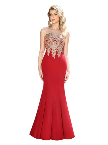 Image of Prom Dress for Women 2025 Gold Lace Applique Long Sheer Illusion Mermaid Formal Dresses Evening Gown
