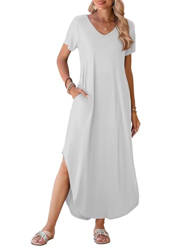 Image of BELAROI Plus Size Maxi Dress for Women Summer Casual V Neck Short Sleeve Long Dress with Pockets Beach Vacation Cover Up