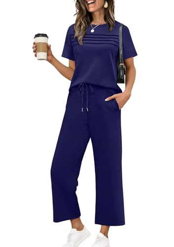 WIHOLL Business Casual Outfits for Women 2 Piece Workout Sets 90s Travel Country Concert Outfits Going Out Spring Summer Tracksuits Seniors Pajamas Clothing Dark Blue XL