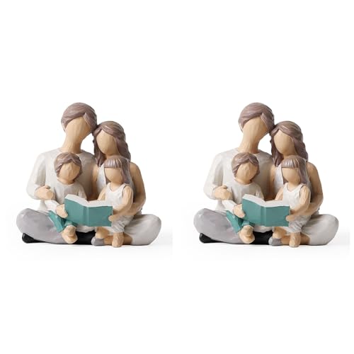 Reinscer 2 x familia con 4 figuras de libros de lectura, figuras pintadas a mano, regalos para padres o hija e hijo, decoración del hogar