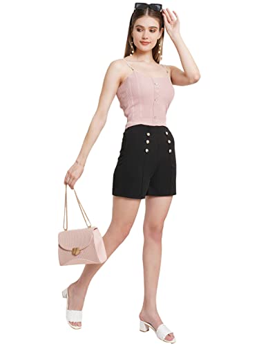 Image of POPWINGS Casual Solid Mid-Rise Button Shorts for Women || Shorts for Women Stylish || Pull-On Women Shorts || Summer Wear Shorts for Women