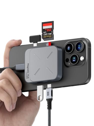 Hagibis Hub magnético USB C con Magsafe para iPhone 16 15 Pro MAX, estación de Acoplamiento 6 en 1 Tipo C SD4.0 Micro SD4.0 Tarjeta Solt 100W PD 10Gbps USB-C AUX para MacBook Pro Air, iPad Pro