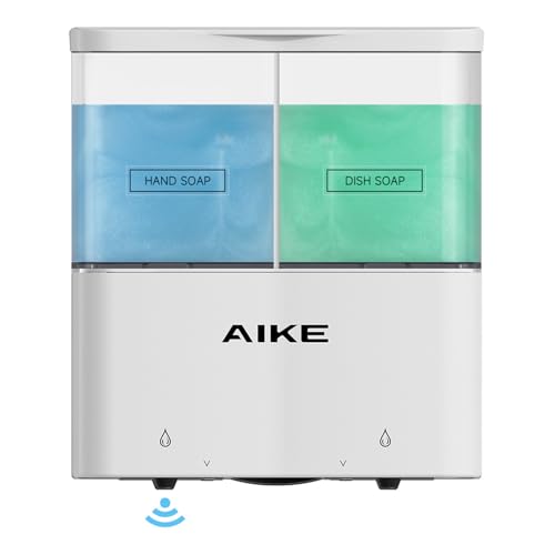 AIKE 2 Section Automatic Soap Dispenser, 2 x 320ml Shampoo and Conditioner dispenser for Bathroom, Wall Mounted Hand and Dish Soap Dispenser for Kitchen, White Automatic Shower Gel Dispenser