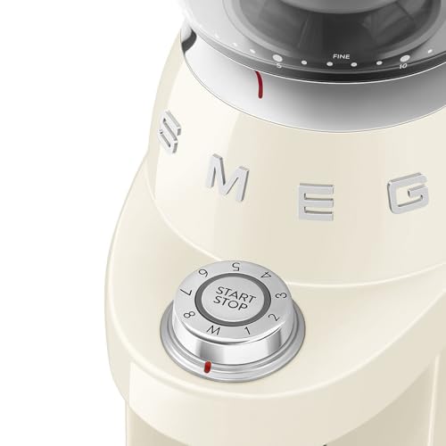 Image of SMEG CGF03 Burr Coffee Grinder, Electric Conical Burr Grinder with 15 Grind Settings, 8 Presets, 240g Bean Hopper, Espresso, Moka & Drip Coffee Grinder, 50's Retro Style (Cream)