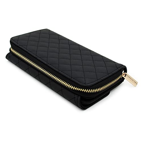 Premium Saffiano Vegan Pu Leather Flap Wallet Zip Around Clutch Phone Organizer, Quilted Black #TOP2