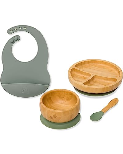 Bubba Bear Baby Weaning Set | Bambus Teller, Schalen & Löffel für Kleinkinder Led Fütterung | Saugteller, Schüssel & Löffel Sets für Babys ab 6 Monaten | Optional Passende Kinder BLW Lätzchen (Grün