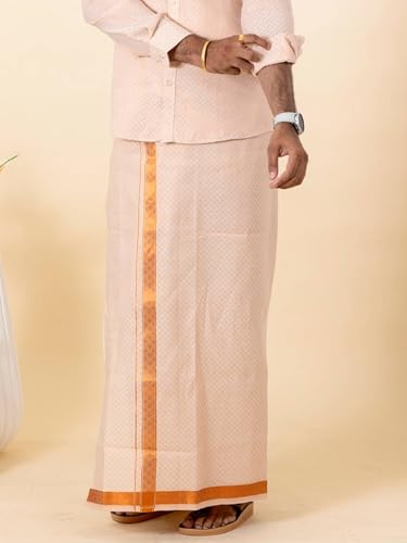 Image of RAMRAJ COTTON Men Gold Tissue Jacquard Full Sleeves Shirt with Matching Dhoti Set