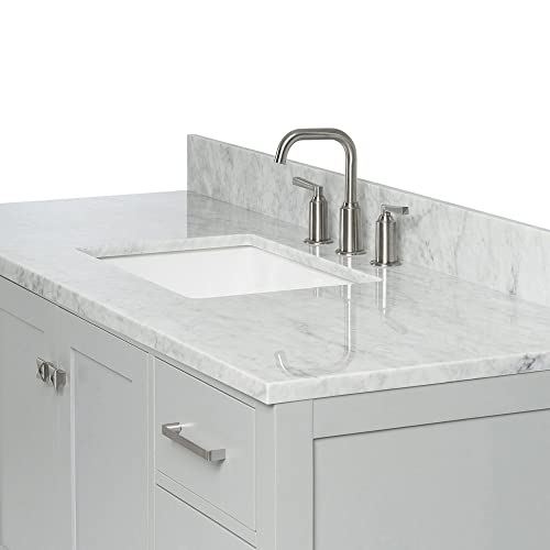 Ariel 55" Grey Bathroom Vanity With Italian Carrara Marble Countertop & Backsplash, Center Rectangular Sink, 2 Soft Closing Doors, 9 Full Extension Dovetail Drawers, Brushed Nickel #TOP4