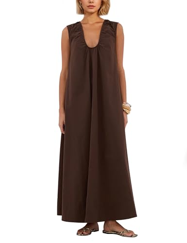 Image of MISSACTIVER Women's Sleeveless Maxi Dress Scoop Neck Ruched Long Dress with Side Pockets Wide Shoulder Elegant Blouse Dresses