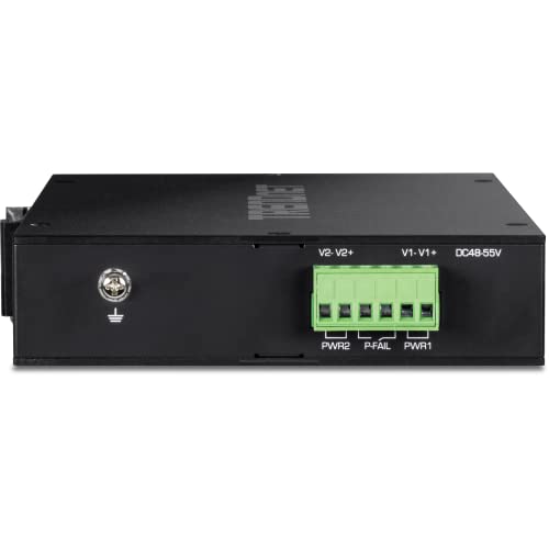 Image of TRENDnet 5-Port Industrial Gigabit PoE+ Switch, Wide Temperature Range -20 - 65C (-4 - 149F), DIN-Rail Switch, 50-55V DC, 4 x Gigabit PoE+ Ports, 1 x Gigabit SFP Slot, TI-PGM541, Black