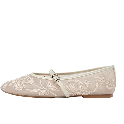 Mesh Ballet Flats for Women Embroidered Floral Round Toe Mary Jane