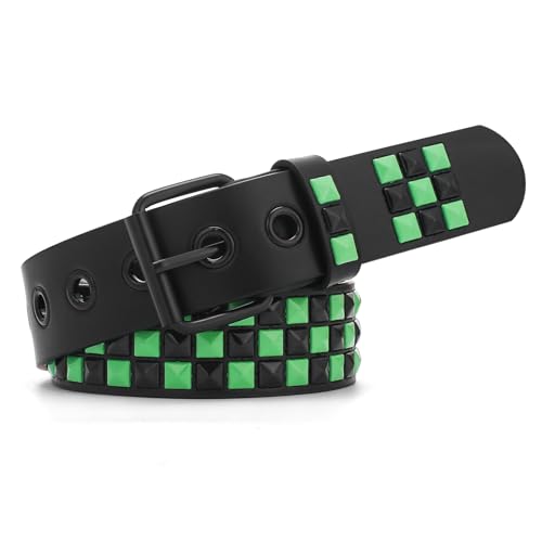SNCEAW Studded Belt Metal Punk Rock Rivet belt with Bright Pyramid Studded for Women Men (Green Fit Pant 27-32 inch)