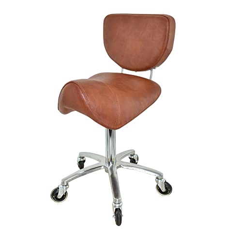 VAKON SALON - Sattelhocker mit Lehne Hellbraun Sattelstuhl für Rückenentlastung Rollhocker höhenverstellbar von 50-65 cm Drehhocker Praxishocker Bürohocker Arbeitshocker