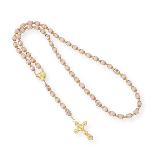 Nazareth Store Catholic Blue Crystal Beads Gold Rosary Flowers Beaded Necklace Miraculous Heart Locket Medal & Cross Religious Women Men Amulet2