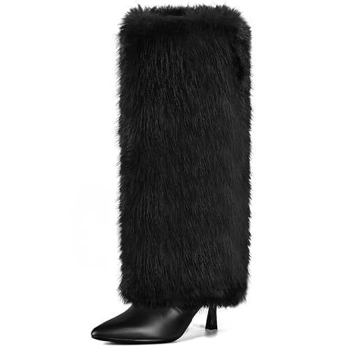 QLR Womens 3.3-inch Kitten Heel Knee High Fur Boots Furry Fuzzy Fluffy Pointed Toe Boots for Women Tall Wide Calf Fall Winter Snow Fold Over Boot with Side Zipper