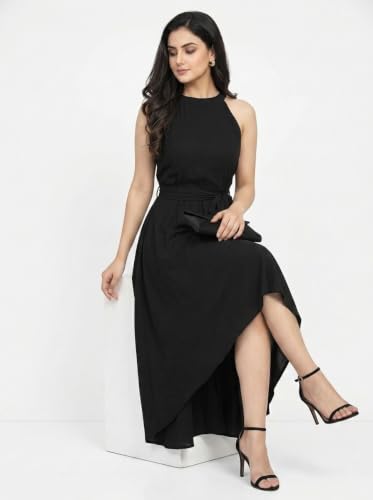 Image of Women Fit & Flare High Low Midi Dress | Sleeveless Round Neck One Piece Dress with Waist Tie Detail | Flowy Western Dress for Party and Casual Styling