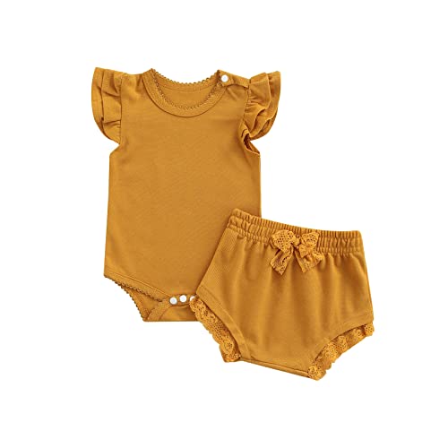 Image of Ledy Champswiin Summer Infant Baby Girl Clothes Set Ruffled Flying Sleeve Onesie Tops Lace Elastic Shorts Cute Baby Cotton Outfits 2PCS (Lace Solid Yellow, 3-6 Months)