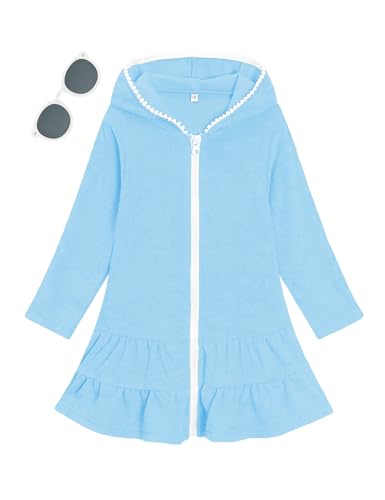 Image of Girls Swim Cover Up Kids Long Sleeve Swimsuit Coverup Terry Beach Pool Clothes with Sunglasses