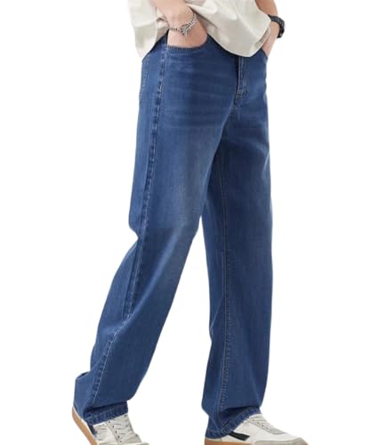 Men Business Casual Jeans Summer Thin Straight Stretch Denim Pants Lightweight Loose Fit Trousers