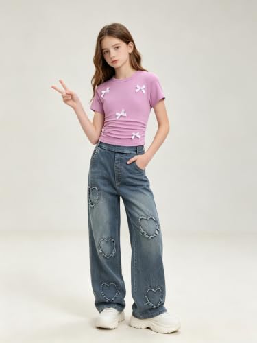 Image of Size 7-14 Years Girls 2 Piece Outfits Bow Short-Sleeved Top and Jeans Pants Clothing Set