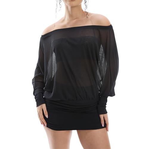 Image of Women's Off The Shoulder Dress Long Sleeve Batwing Mini Ruched Sheer Y2K Oversized Club Sexy Night Out Dresses