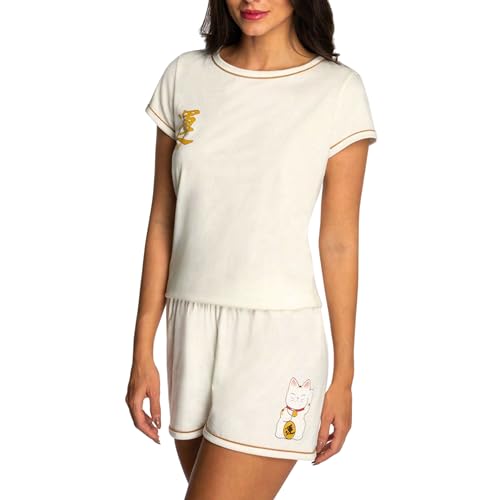 Pijama Short Doll Curto Estampa Gato da Sorte Lupo Feminino Adulto, Off-White, M