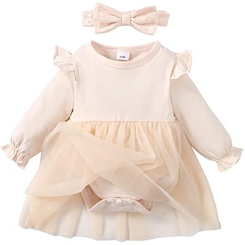 SOBOWO Beige Baby Dress Beige Baby Girl Outfit Infant Girl Tutu Dress Baby Ruffle Romper Dress Toddler Girl Skirt Headband Party Clothes(0-3 Months, Beige L) Cover