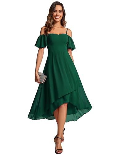 Image of Ever-Pretty Women's Summer Cold Shoulder Hi-Lo Asymmetrical Hem Flowy Chiffon Short Wedding Guest Dress 02103