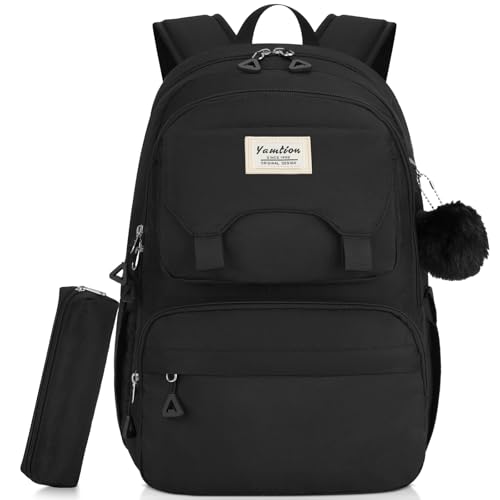 YAMTION Mochila preta para escola, mochila infantil para meninas e meninos com vários bolsos, mochila de viagem para laptop para mulheres e homens, mochila para adolescentes para faculdade primária e
