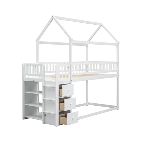 Image of Bellemave Bunk beds Twin Over Twin Size with Drawers and Shelves Storage, Floor bunk Bed,White