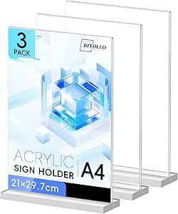 RITOLLO 3 Stück T-Form Aufsteller A4 Transparenter Acryl Tischaufsteller Schildhalter Tischaufsteller A4 für Büro Geschäft Restaurant Schule & Theke (21 x 29 7 cm)