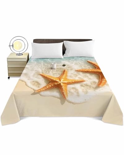 Cal King Top Sheet Bedding Flat Sheet Only, Summer Ocean Orange Starfish Soft Microfiber Bed Sheets Hotel Luxury, Watercolor Beach Seamless Breathable Top Sheets Easy Care